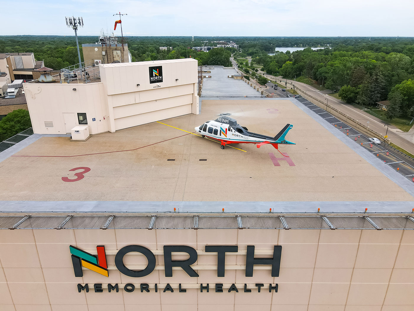 Air Care helicopter landing at North Memorial Health Hospital in Robbinsdale