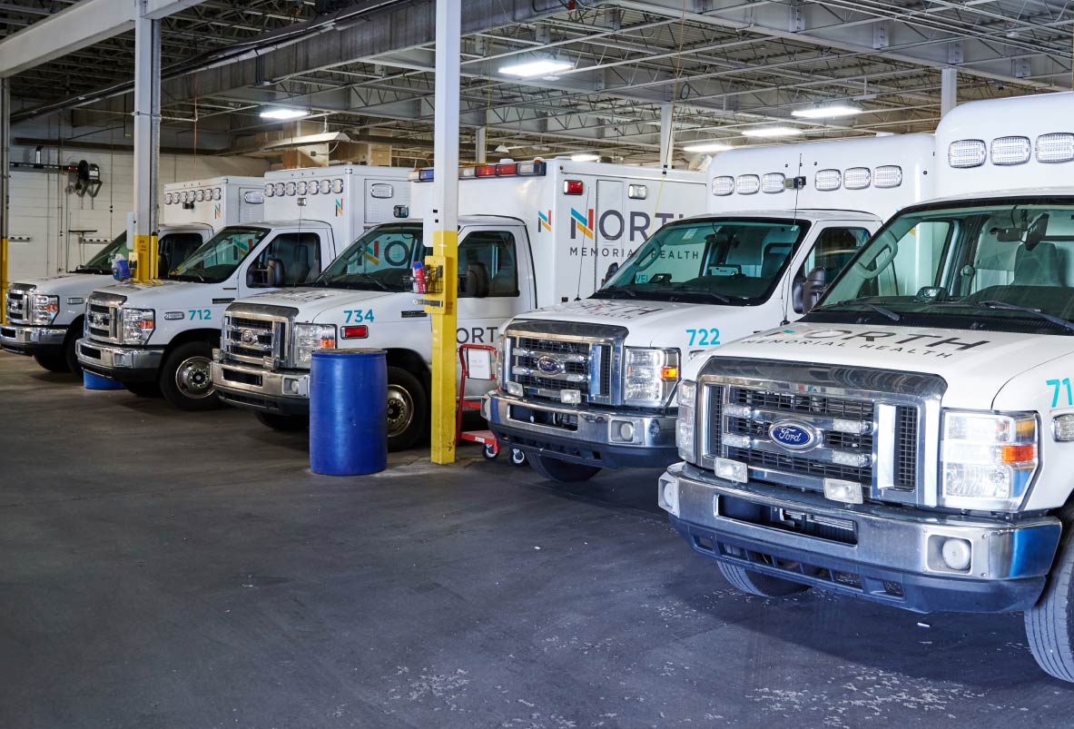 North Memorial Health ambulances in the garage