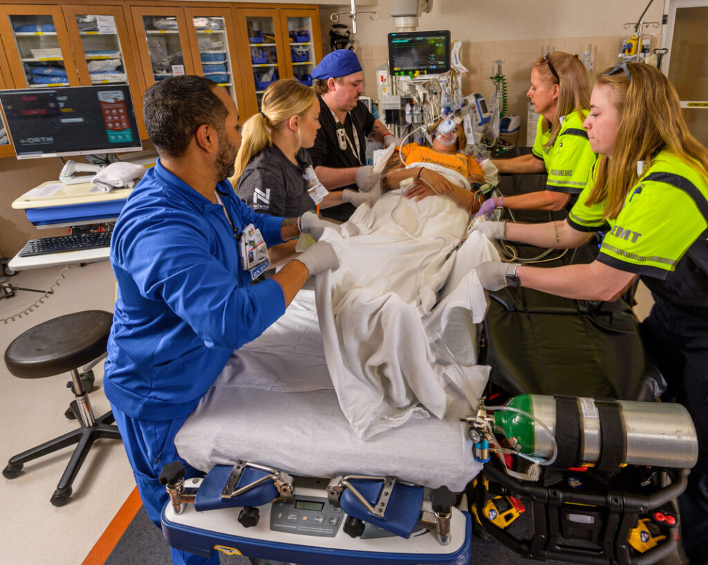 Care team attending to a patient in the stabilization room